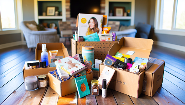 A variety of subscription boxes with different products, illustrating the concept of subscription models